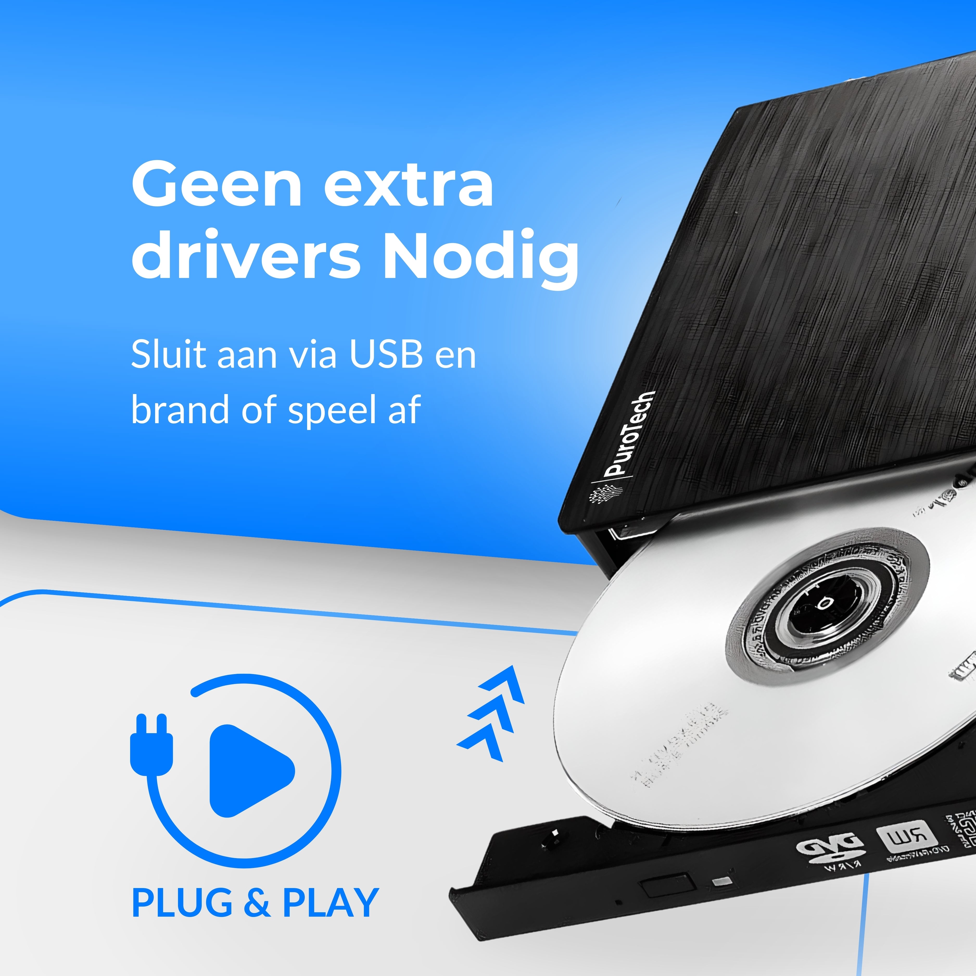 PuroTech - Externe DVD/CD Speler voor Laptop & PC - Brander - Optical Drive - Optische Drive - USB 3.0 Aansluiting - Plug & Play - Windows, MacOS & Linux
