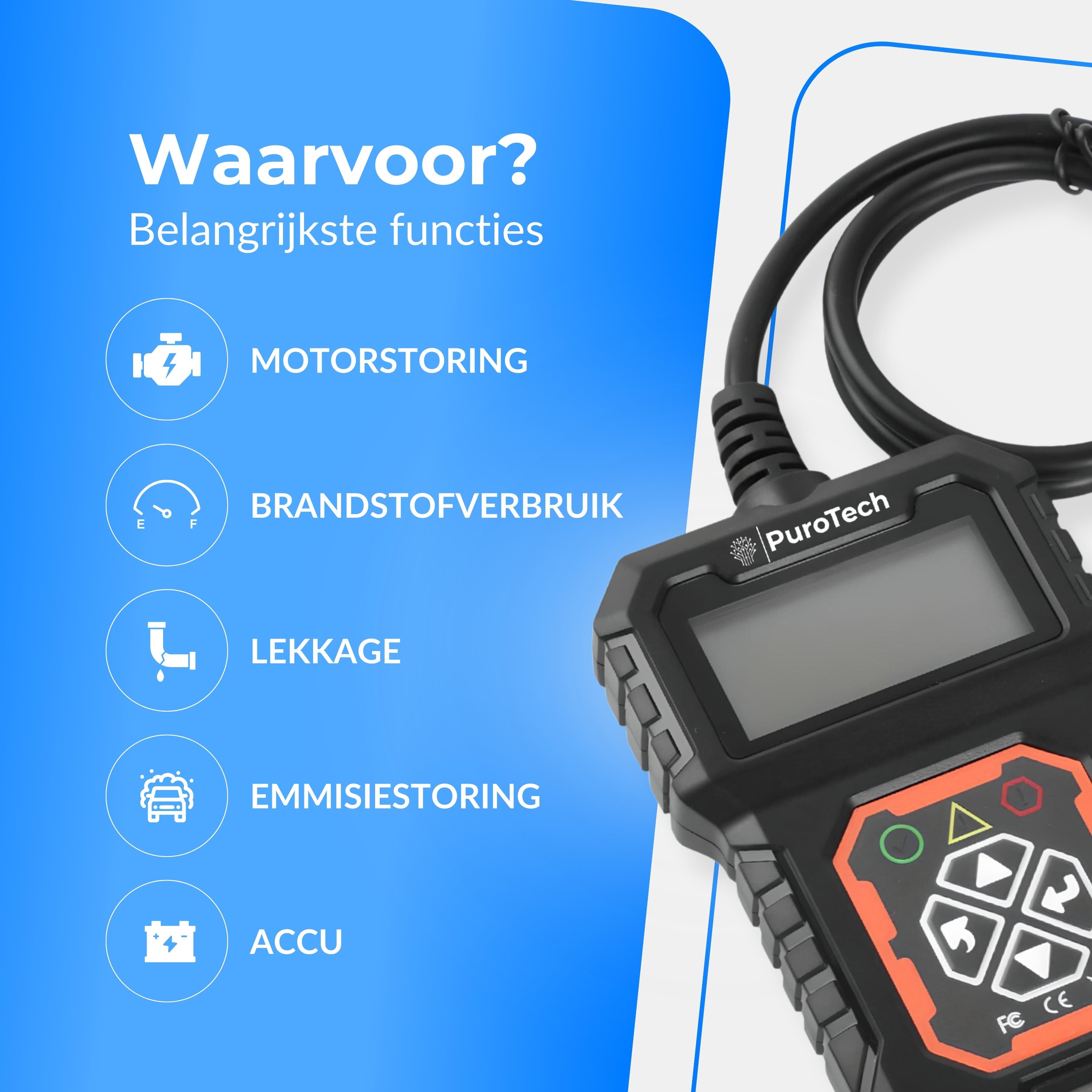 PuroTech OBD2 Scanner - OBD - Diagnosecomputer - Storing Verwijderen - Uitleesapparatuur – Auto Accessoires - Auto Uitlezen - Diagnose apparatuur voor auto's - Motorstoring - Nederlandse Handleiding