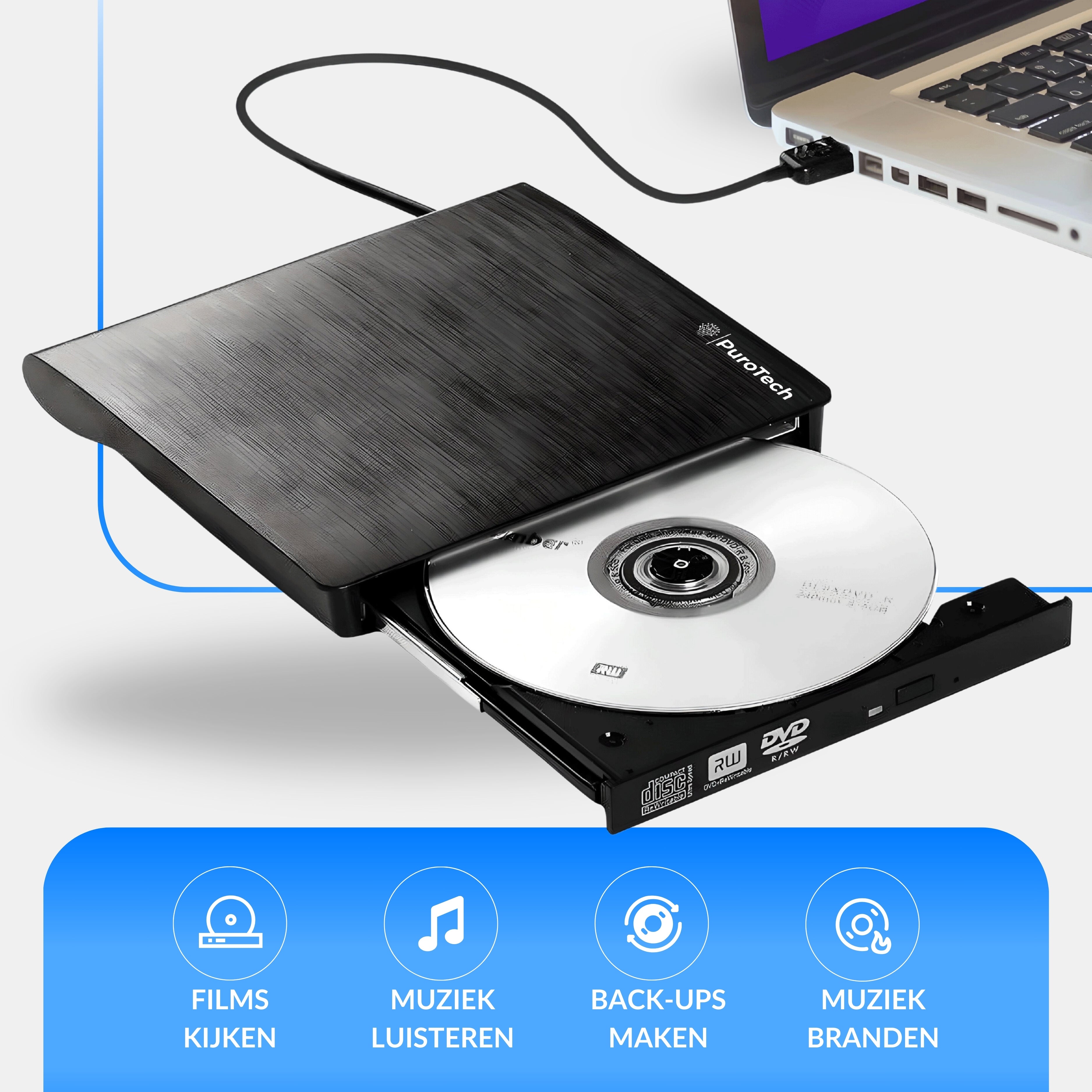 PuroTech - Externe DVD/CD Speler voor Laptop & PC - Brander - Optical Drive - Optische Drive - USB 3.0 Aansluiting - Plug & Play - Windows, MacOS & Linux