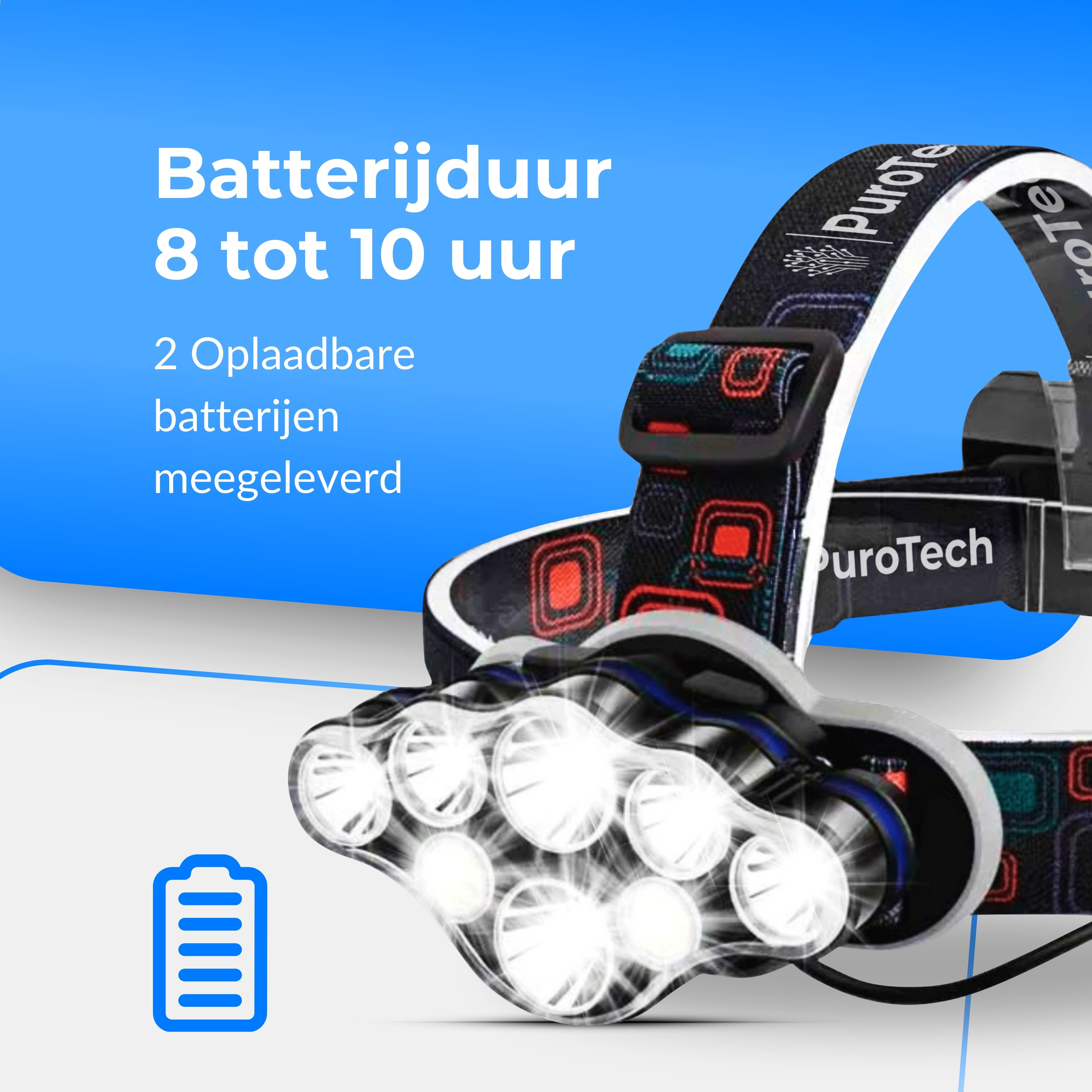 PuroTech Militaire Hoofdlamp - Hoofdlamp LED oplaadbaar - Extra Krachtig - Hoofdlampje - 8 LED-koplampen - 18000 lumen - 600 meter bereik - Verstelbaar - Militaire zaklamp