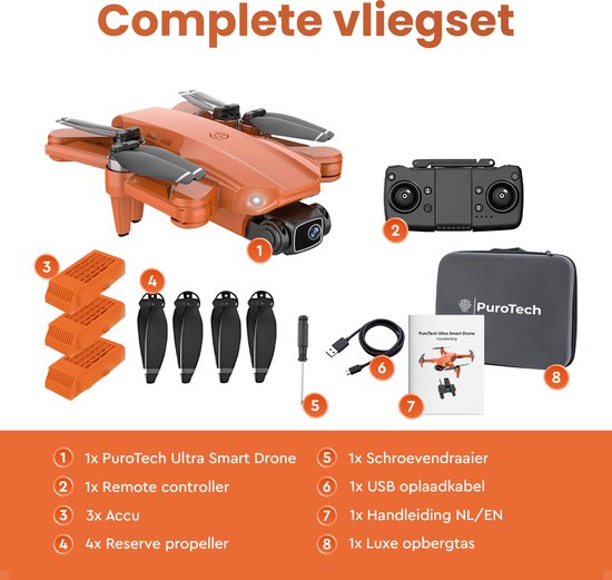 PuroTech Ultra Smart Drone - 4K UHD Camera - Drone Met Camera voor Buiten/Binnen - 4K Full HD Dual Camera - 50x Zoom - 3 Accu's - 84 Minuten Vliegtijd - Foto - Video - Quadcopter