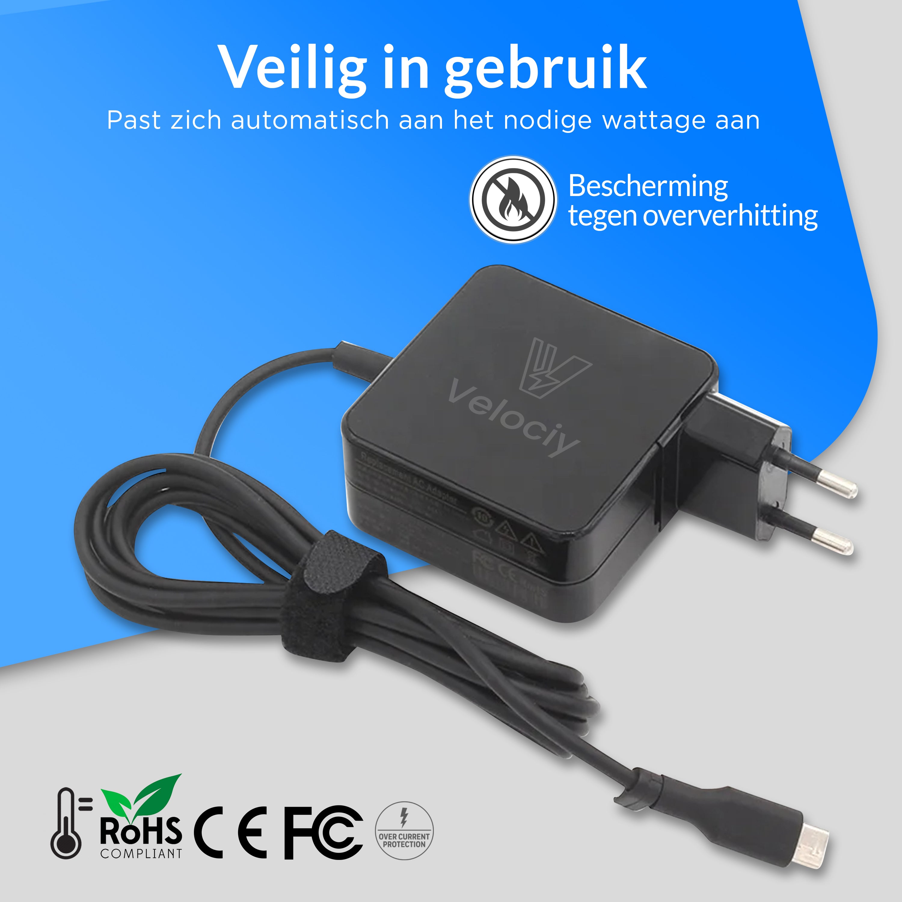 Velociy® USB-C oplader 100W – USB-C adapter – USBC oplader Samsung Geschikt – Universeel o.a. laptops, tablets, telefoons en usb-c hubs – Compact - 2024 Versie