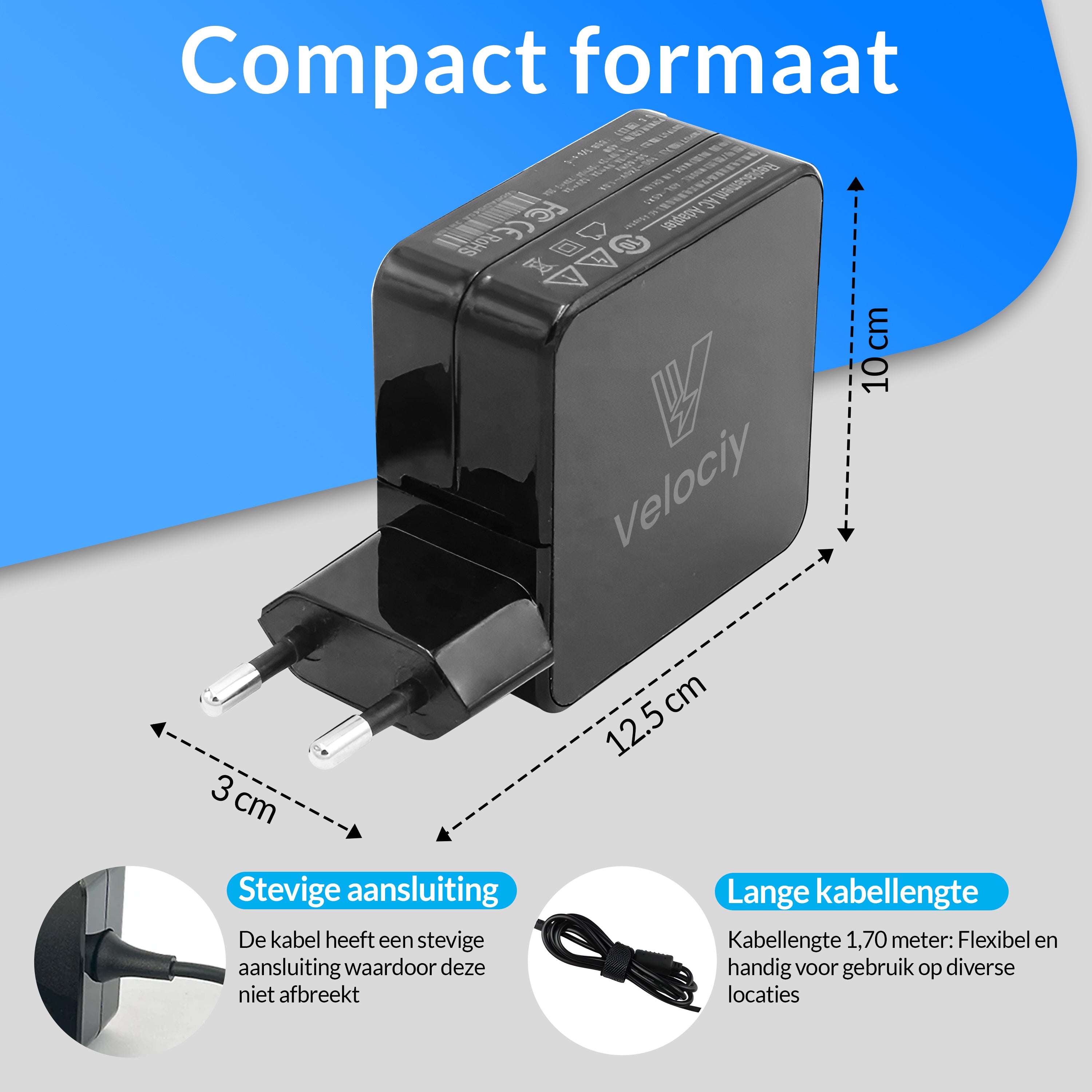 Velociy® USB-C oplader 100W – USB-C adapter – USBC oplader Samsung Geschikt – Universeel o.a. laptops, tablets, telefoons en usb-c hubs – Compact - 2024 Versie