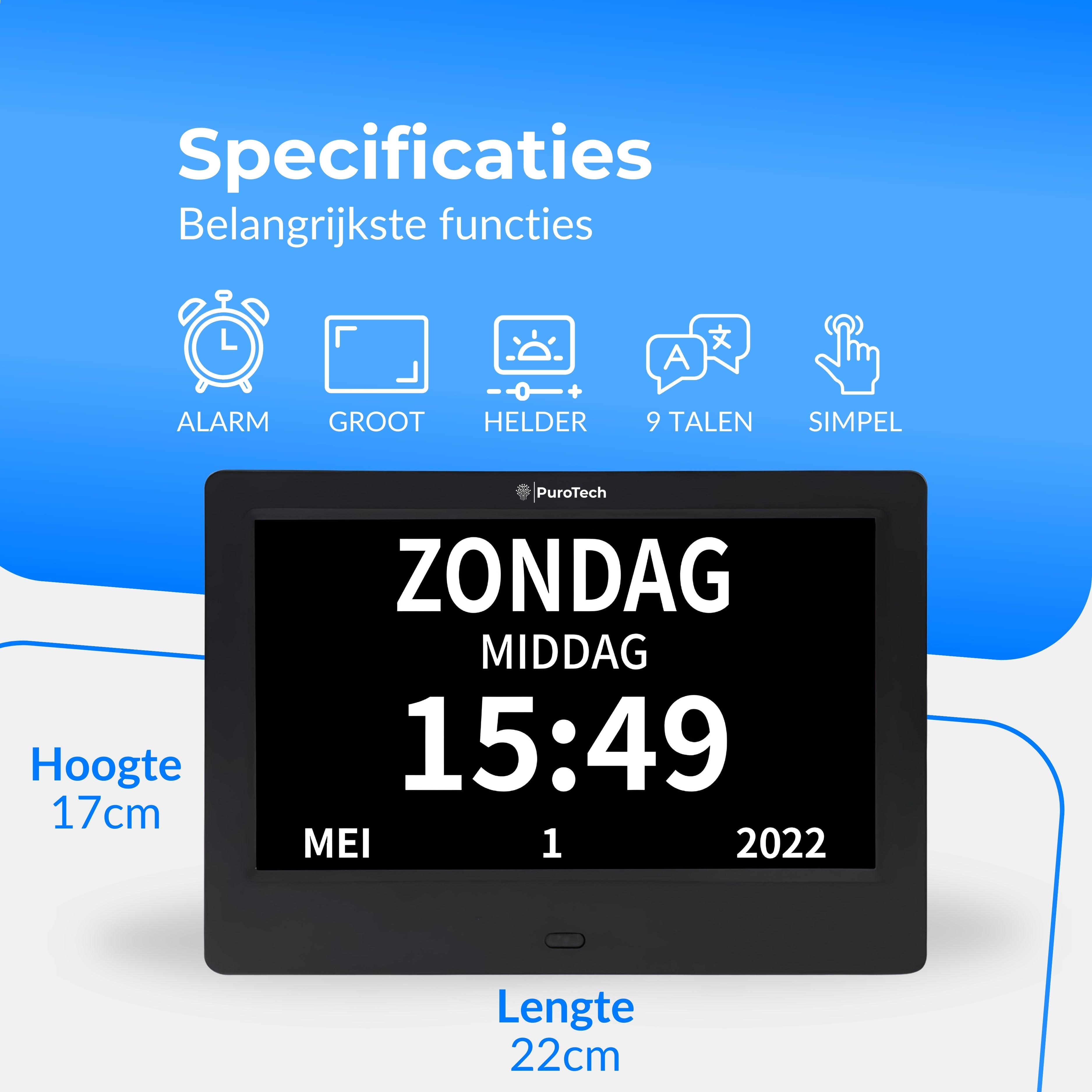 PuroTech - Dementieklok Digitaal XL 8 Inch - Datum Dag en Tijd Aanduiding - Extra Groot - Incl. Afstandsbediening - Alarmfunctie – Alzheimer klok - Dementieklokken Digitaal - Alzheimer - Seniorenklok - Medicatieherinnering