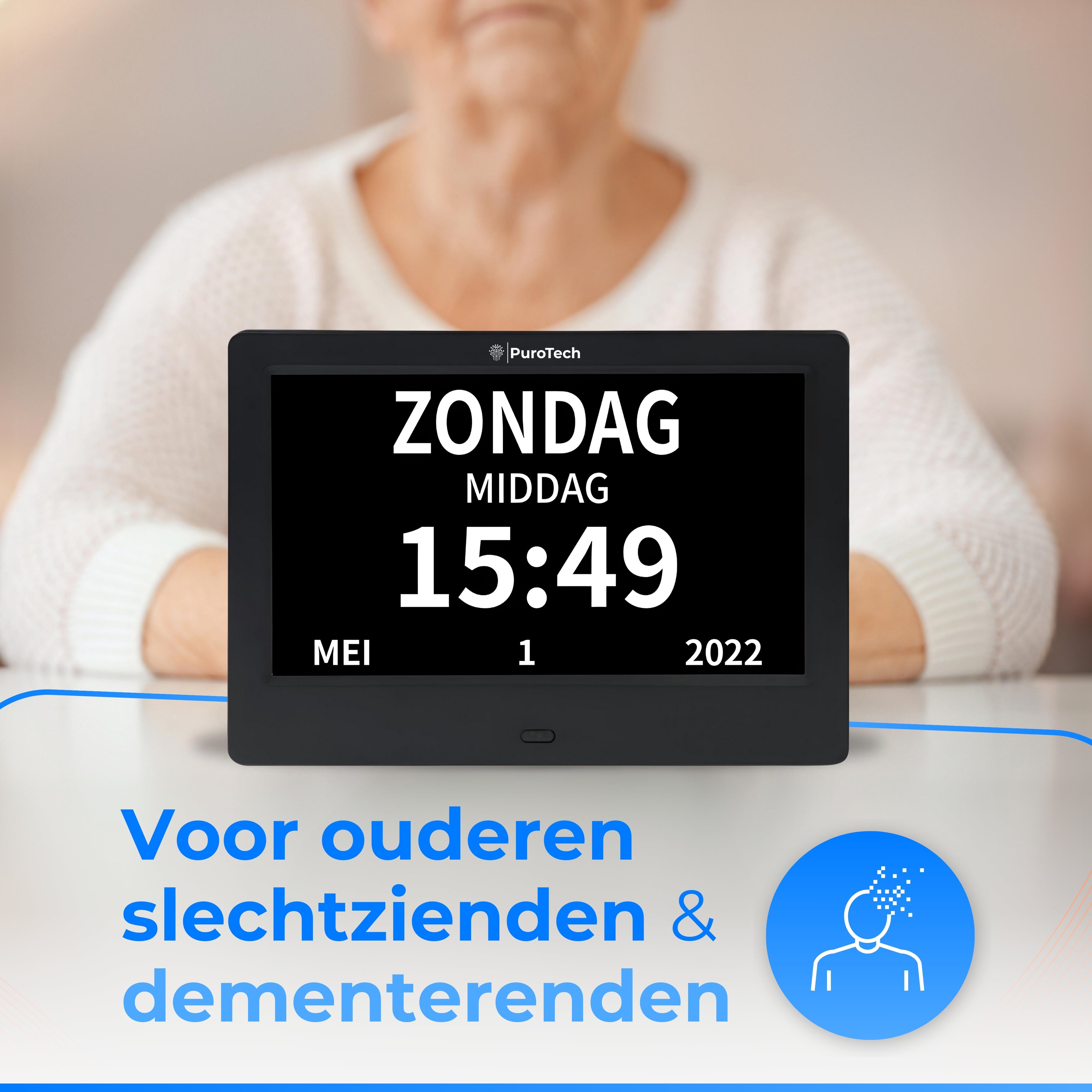 PuroTech - Dementieklok Digitaal XL 8 Inch - Datum Dag en Tijd Aanduiding - Extra Groot - Incl. Afstandsbediening - Alarmfunctie – Alzheimer klok - Dementieklokken Digitaal - Alzheimer - Seniorenklok - Medicatieherinnering