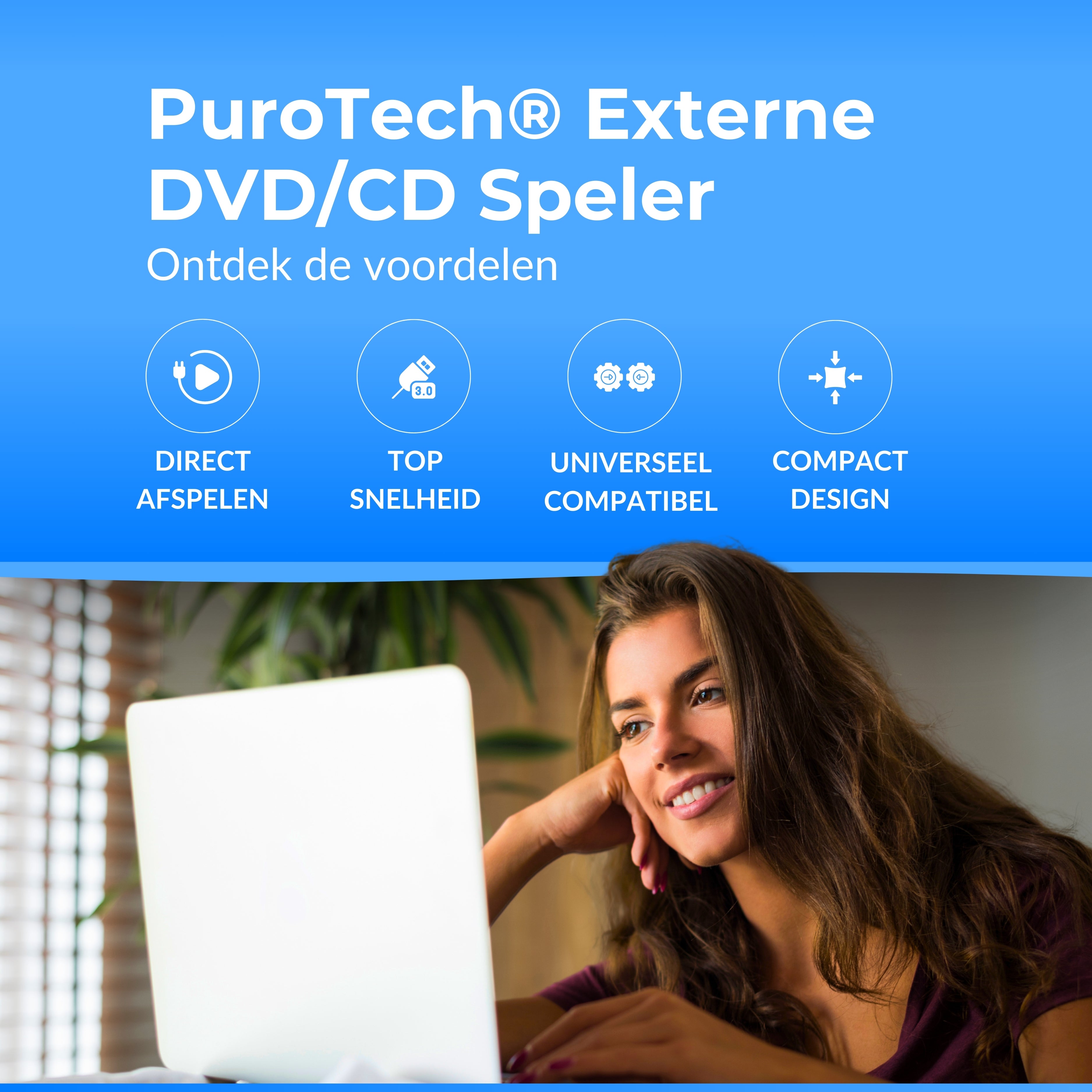 PuroTech - Externe DVD/CD Speler voor Laptop & PC - Brander - Optical Drive - Optische Drive - USB 3.0 Aansluiting - Plug & Play - Windows, MacOS & Linux