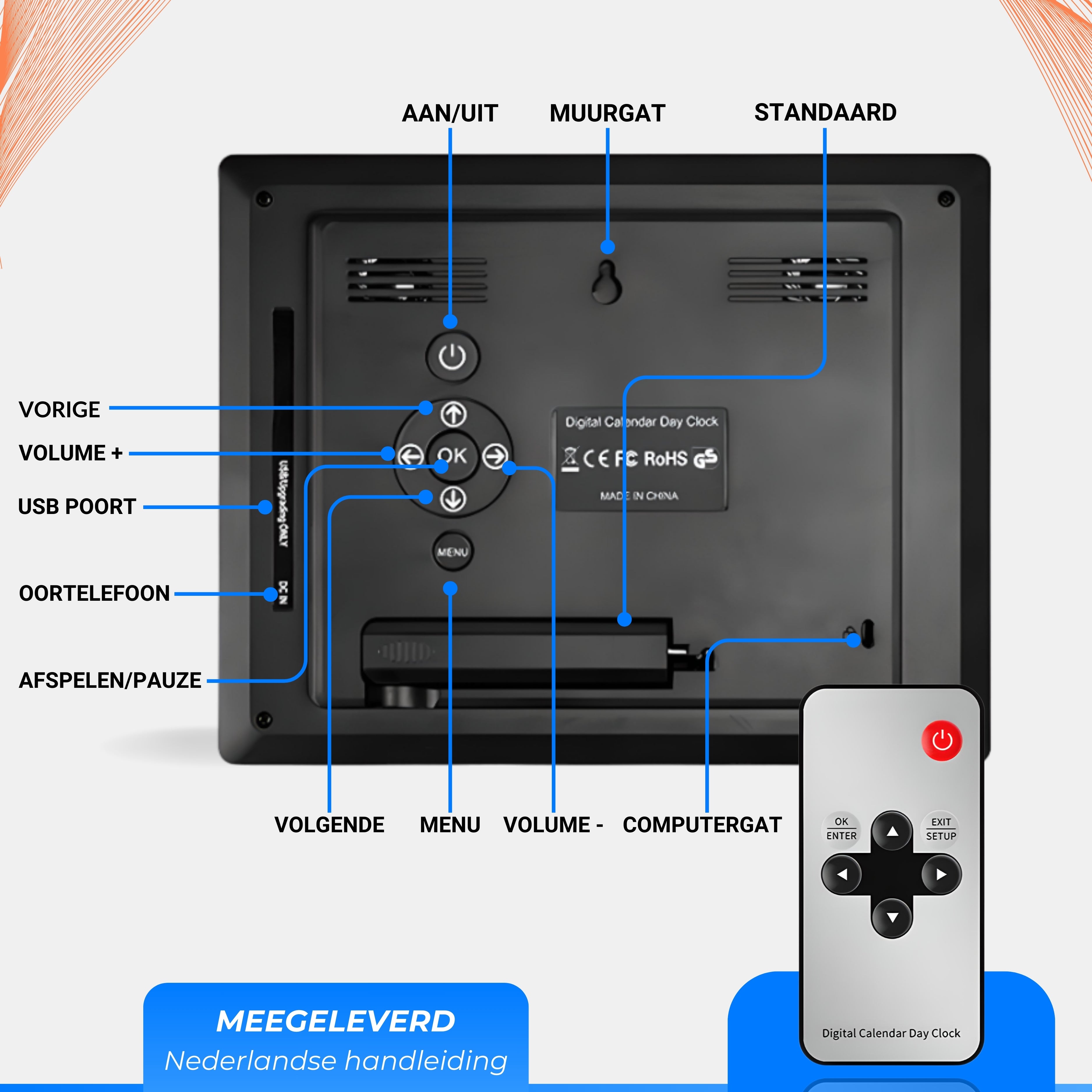 PuroTech - Dementieklok Digitaal XL 8 Inch - Datum Dag en Tijd Aanduiding - Extra Groot - Incl. Afstandsbediening - Alarmfunctie – Alzheimer klok - Dementieklokken Digitaal - Alzheimer - Seniorenklok - Medicatieherinnering