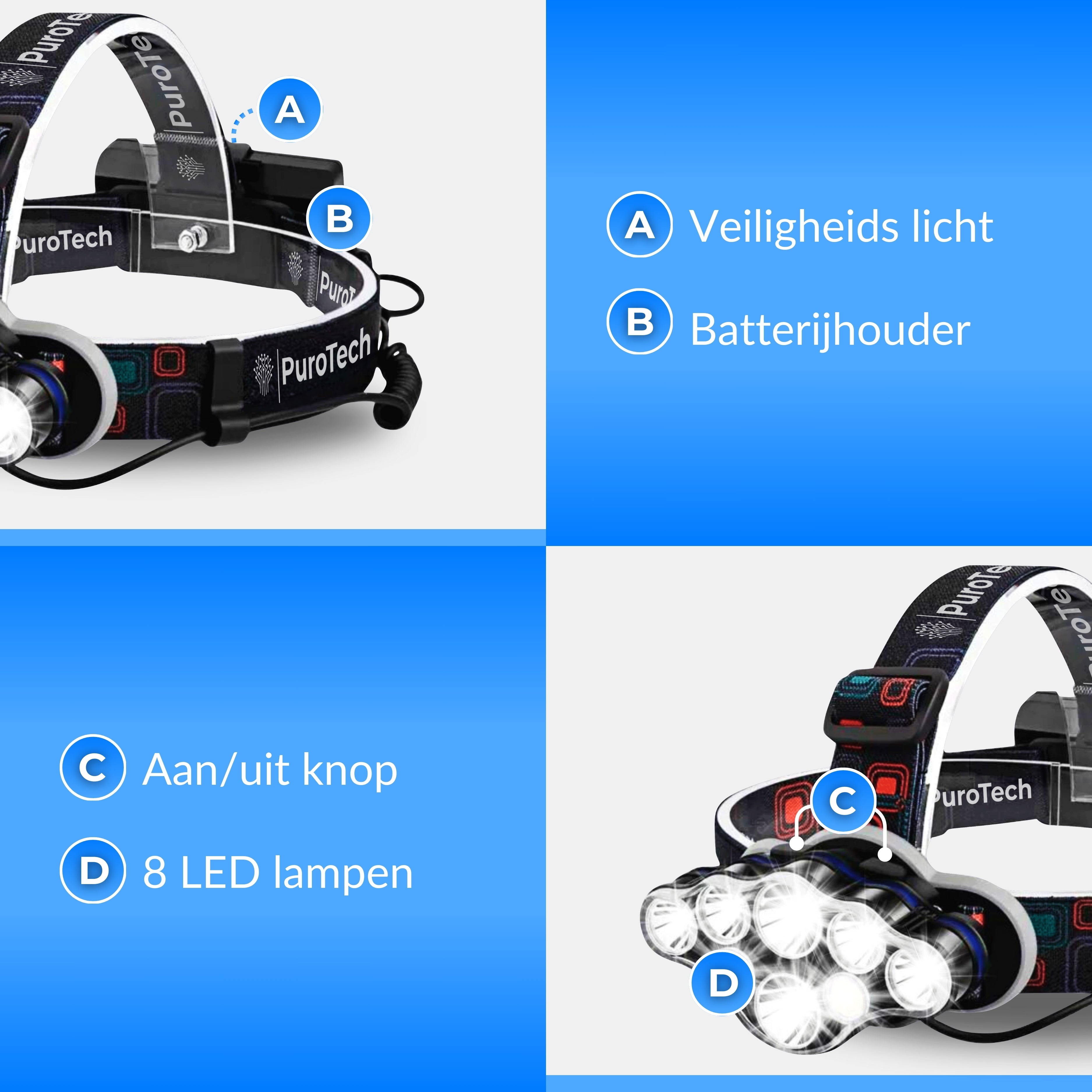 PuroTech Militaire Hoofdlamp - Hoofdlamp LED oplaadbaar - Extra Krachtig - Hoofdlampje - 8 LED-koplampen - 18000 lumen - 600 meter bereik - Verstelbaar - Militaire zaklamp