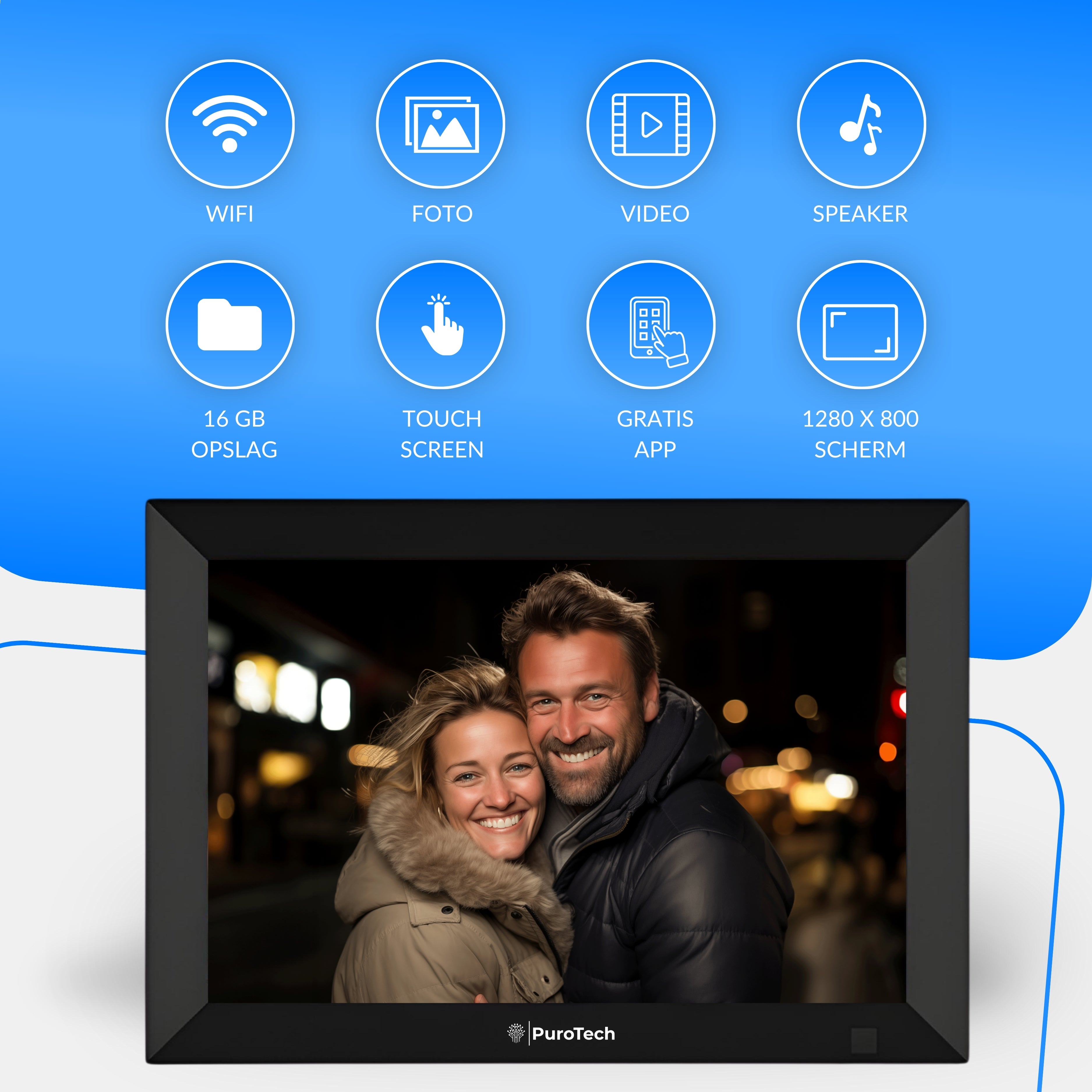 PuroTech - Digitale Fotolijst Met Wifi - Full HD 10.1 Inch - Fotokader - WiFi - Hoogste Beeldkwaliteit - Frameo App - IPS Touchscreen - Zwart - Slideshow Fotolijst - Incl. 16GB Opslag - Cadeau - Moederdag