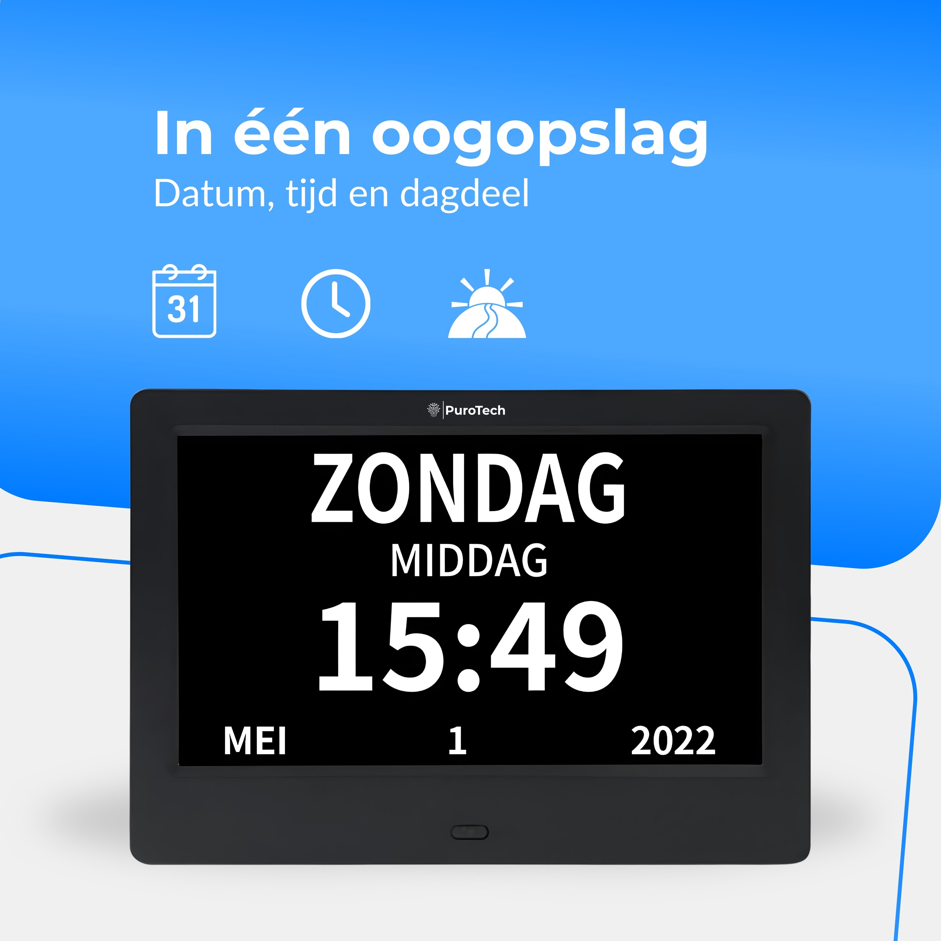 PuroTech - Dementieklok Digitaal XL 8 Inch - Datum Dag en Tijd Aanduiding - Extra Groot - Incl. Afstandsbediening - Alarmfunctie – Alzheimer klok - Dementieklokken Digitaal - Alzheimer - Seniorenklok - Medicatieherinnering