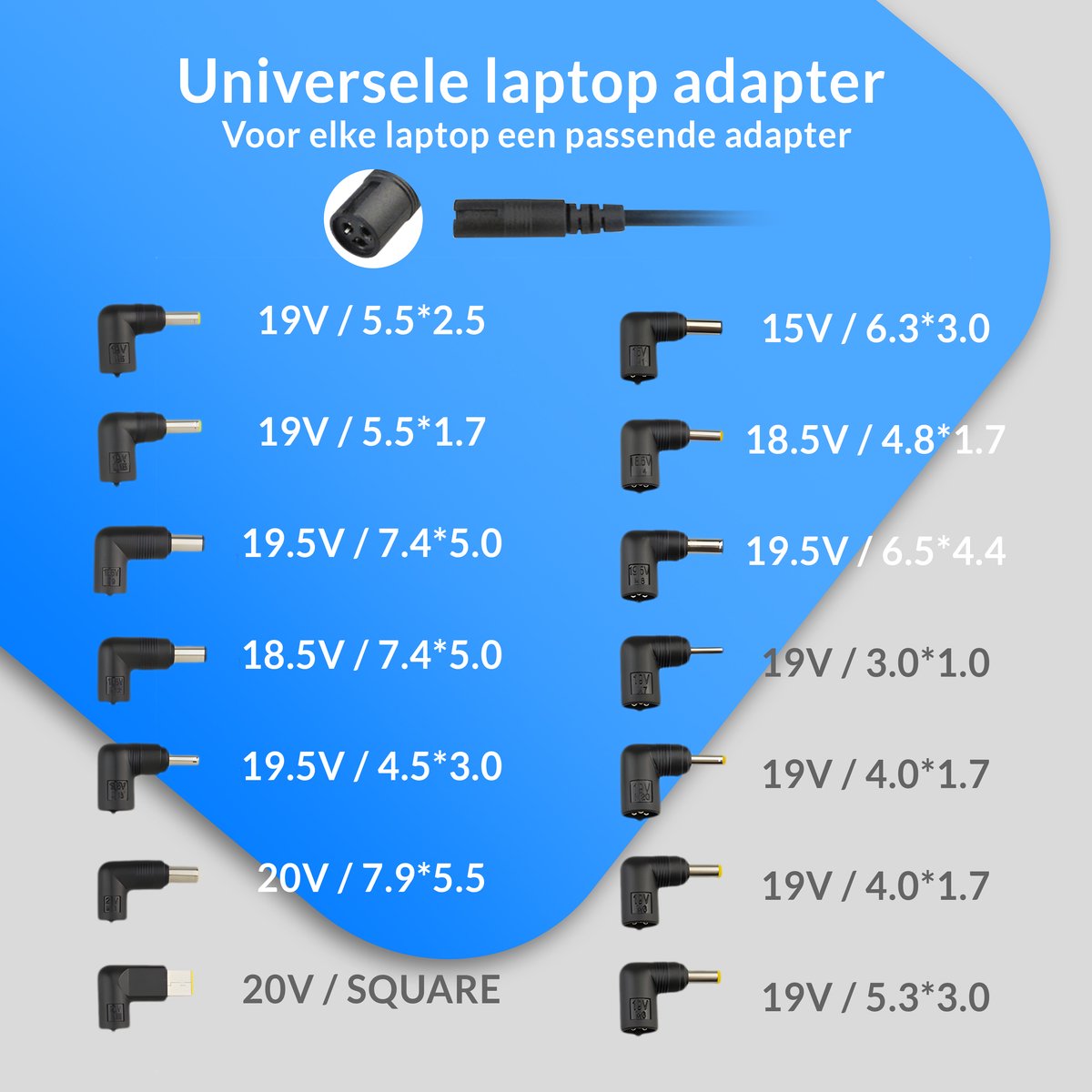 Velociy® Universele Laptop Adapter - Laptop Oplader - Alle Merken - 45W-65W-90W - Asus - Acer - HP - Dell - Lenovo - Samsung - Sony