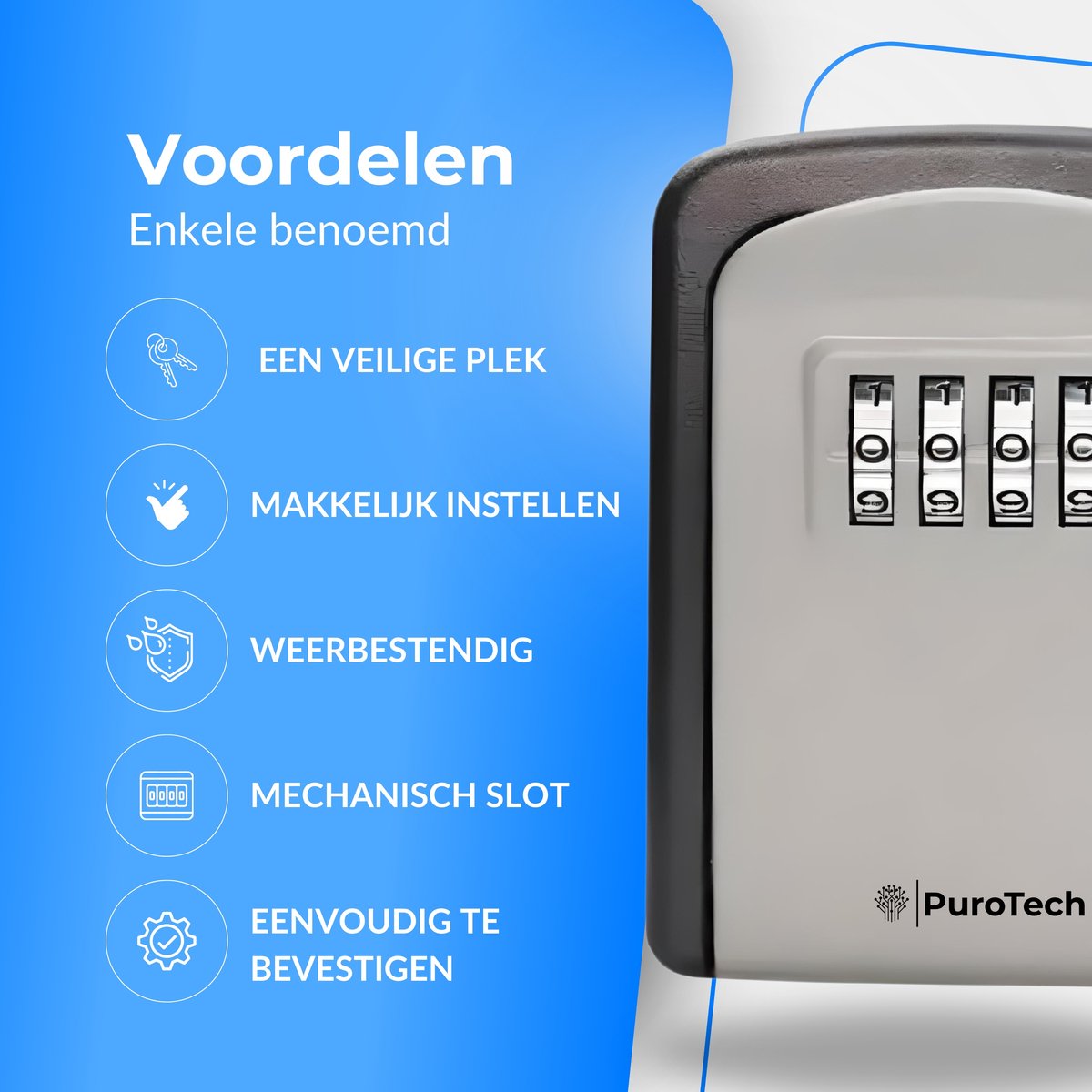 PuroTech Sleutelkluis Met Code - Voor Binnen & Buiten - Cijferslot - Sleutel Kastje - Thuiszorg - Incl. Montageset - Waterdicht en Roestvrij - Sleutelkast