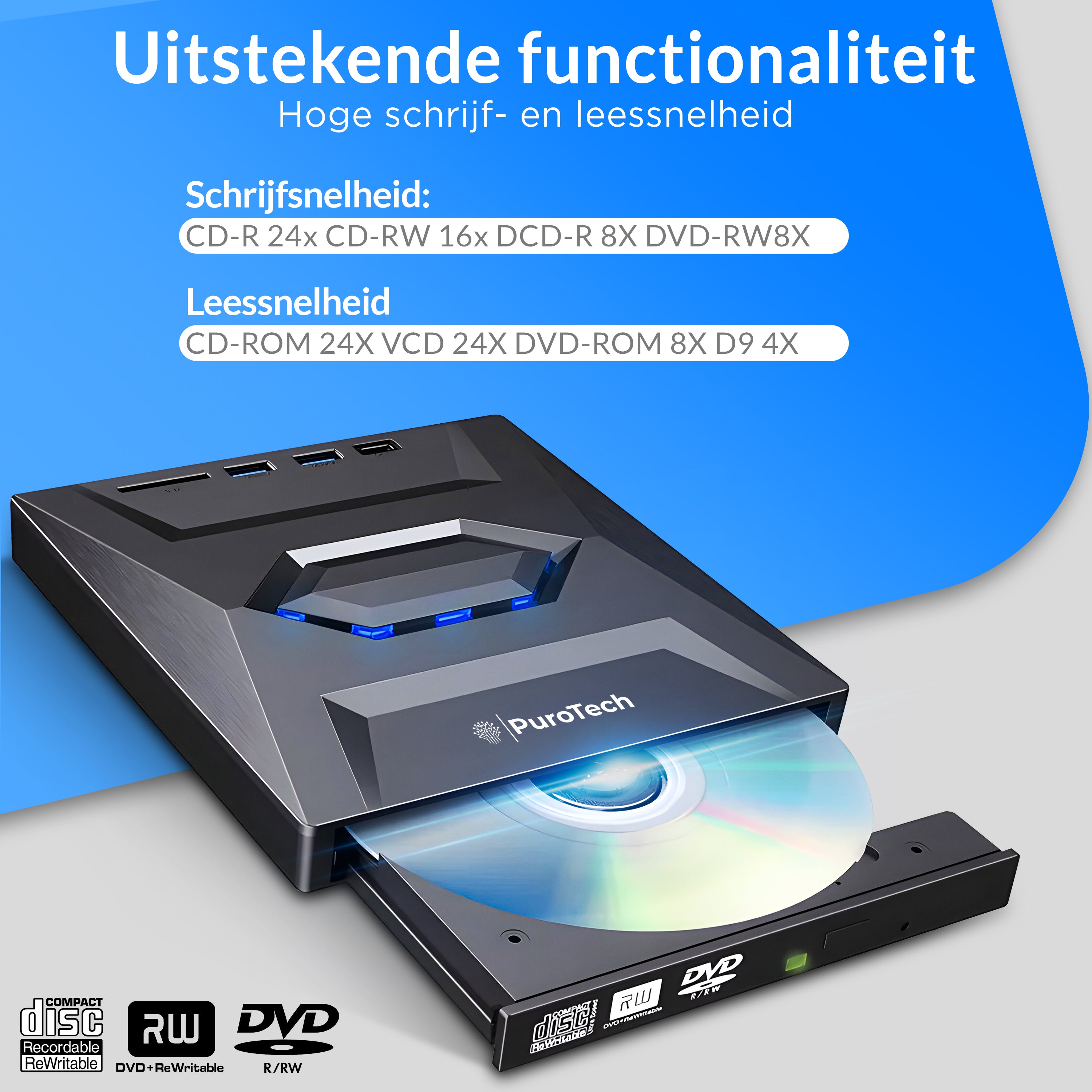 PuroTech 3-in-1 Externe DVD/CD Speler voor Laptop & PC - Brander - Optical Drive - Optische Drive - USB 3.0 & USB C- Plug & Play - Windows, MacOS & Linux