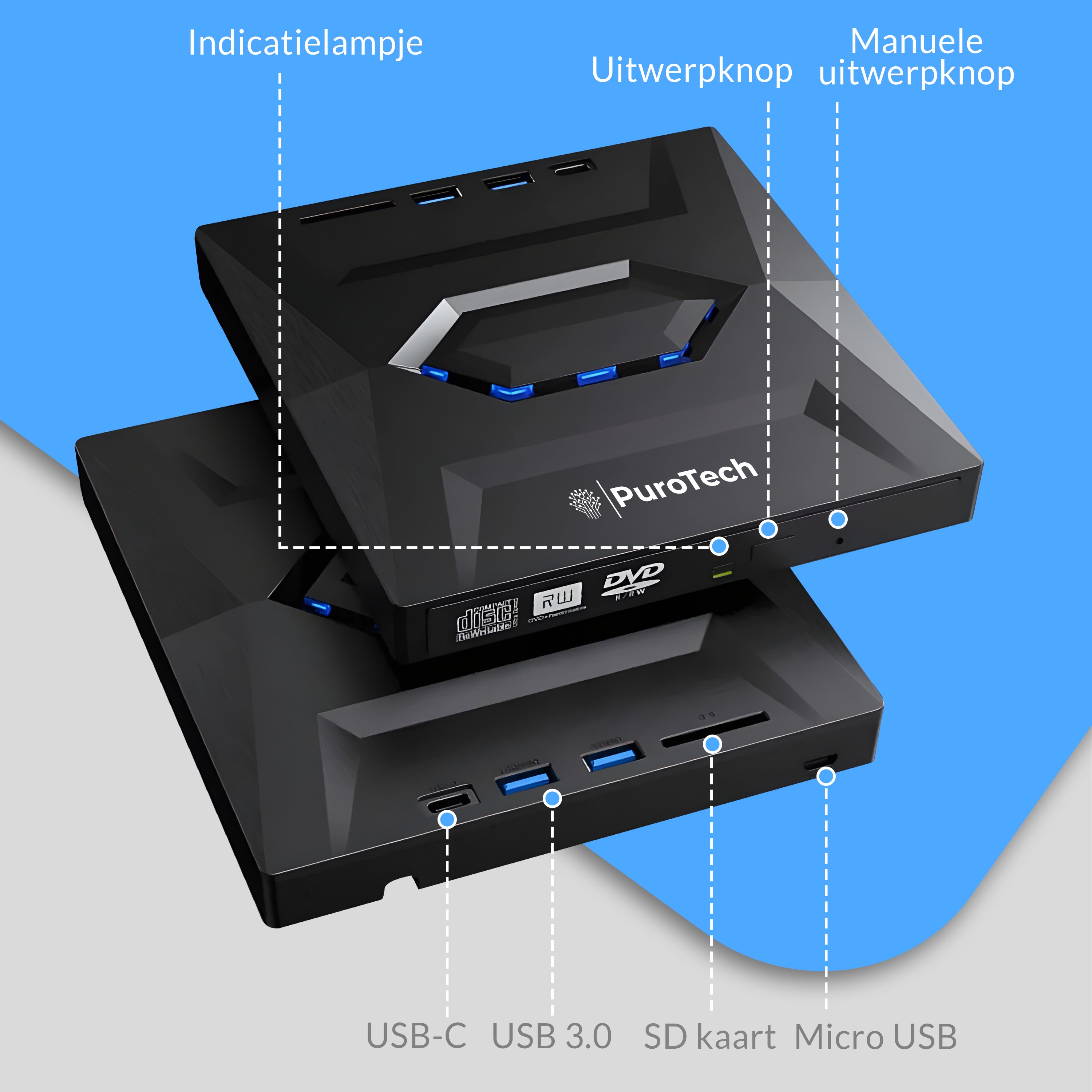 PuroTech 3-in-1 Externe DVD/CD Speler voor Laptop & PC - Brander - Optical Drive - Optische Drive - USB 3.0 & USB C- Plug & Play - Windows, MacOS & Linux